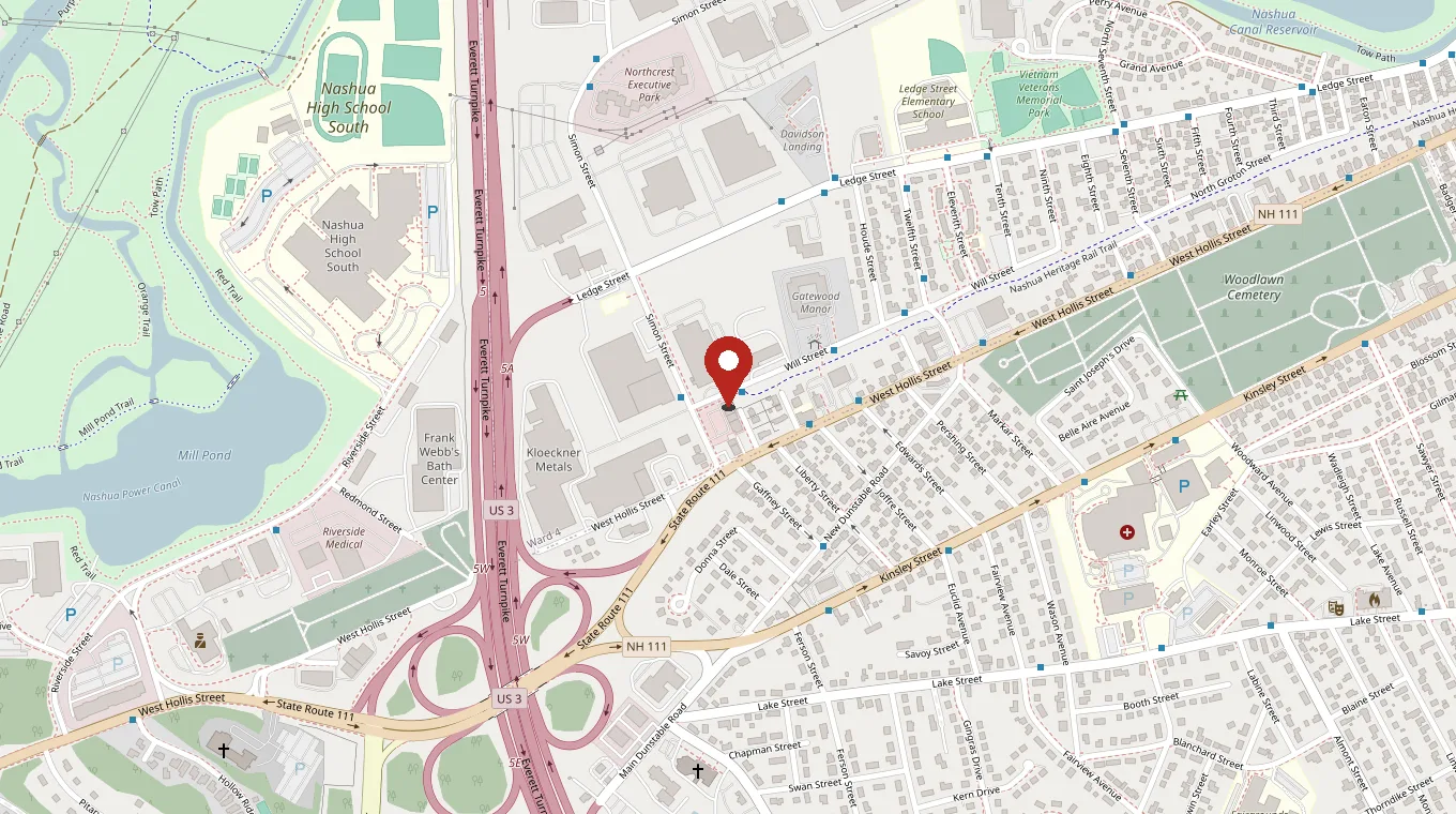 Map showing Bobola's at 9 Simon Street, just off West Hollis Street near the Everett Turnpike in Nashua