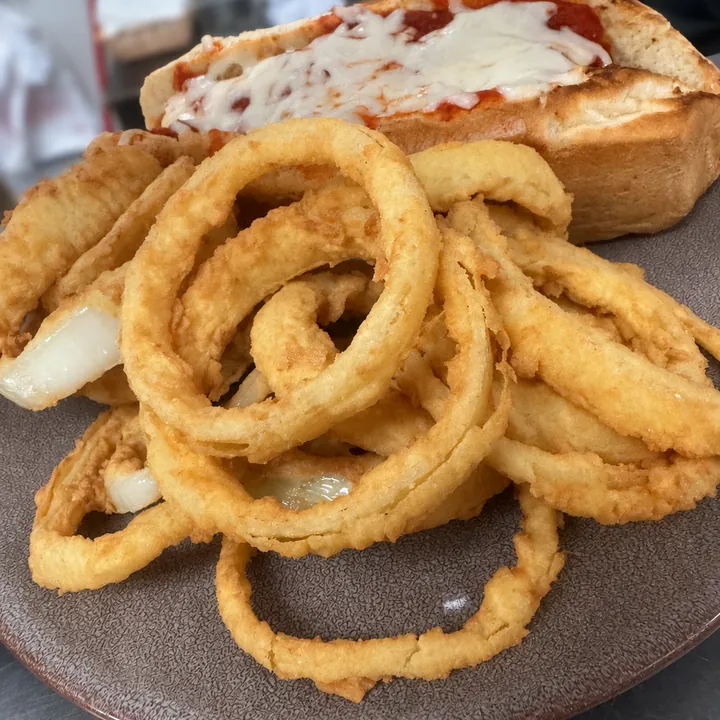 Chicken Parm Sub with Onion Rings at Bobola's Restaurant in Nashua NH