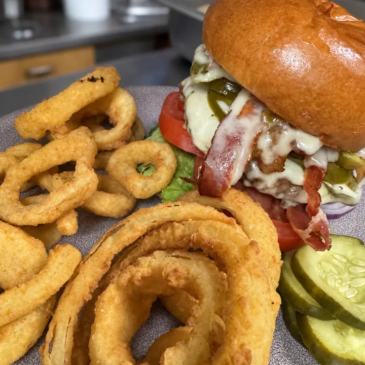 Texas Burger with Onion Rings at Bobola's Restaurant in Nashua NH